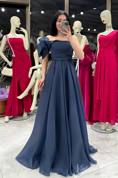 One-Shoulder Formal Dress with Puffy Sleeve, Ruched Bodice, and Flowing Organza Skirt – AS031-prom dresses 2025 -Viniodress-Dark Blue-Custom Size-