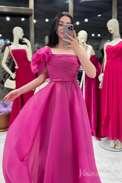 One-Shoulder Formal Dress with Puffy Sleeve, Ruched Bodice, and Flowing Organza Skirt – AS031-prom dresses 2025 -Viniodress-Fuchsia-Custom Size-