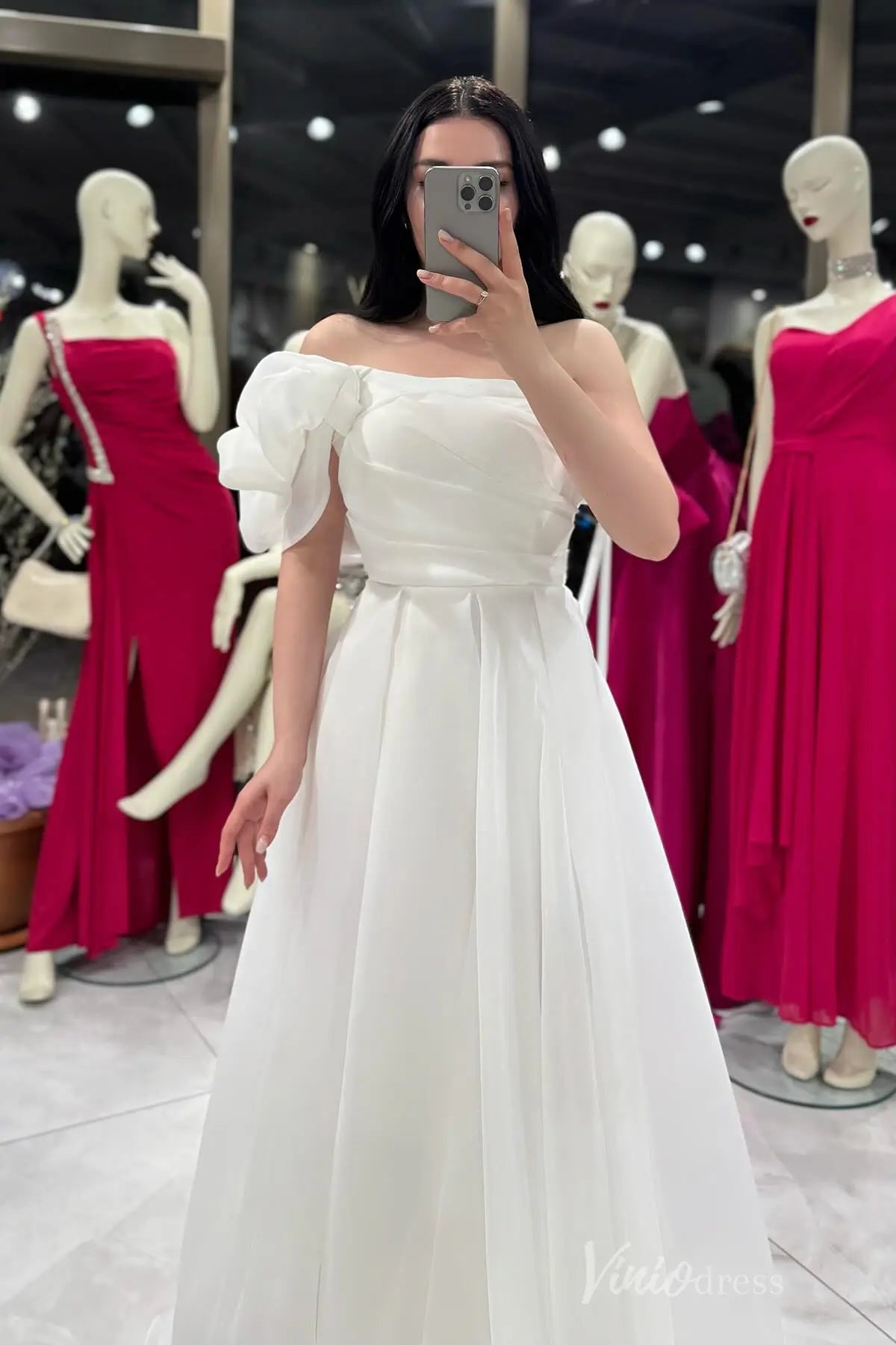 One-Shoulder Formal Dress with Puffy Sleeve, Ruched Bodice, and Flowing Organza Skirt – AS031-prom dresses 2025 -Viniodress-Fuchsia-Custom Size-