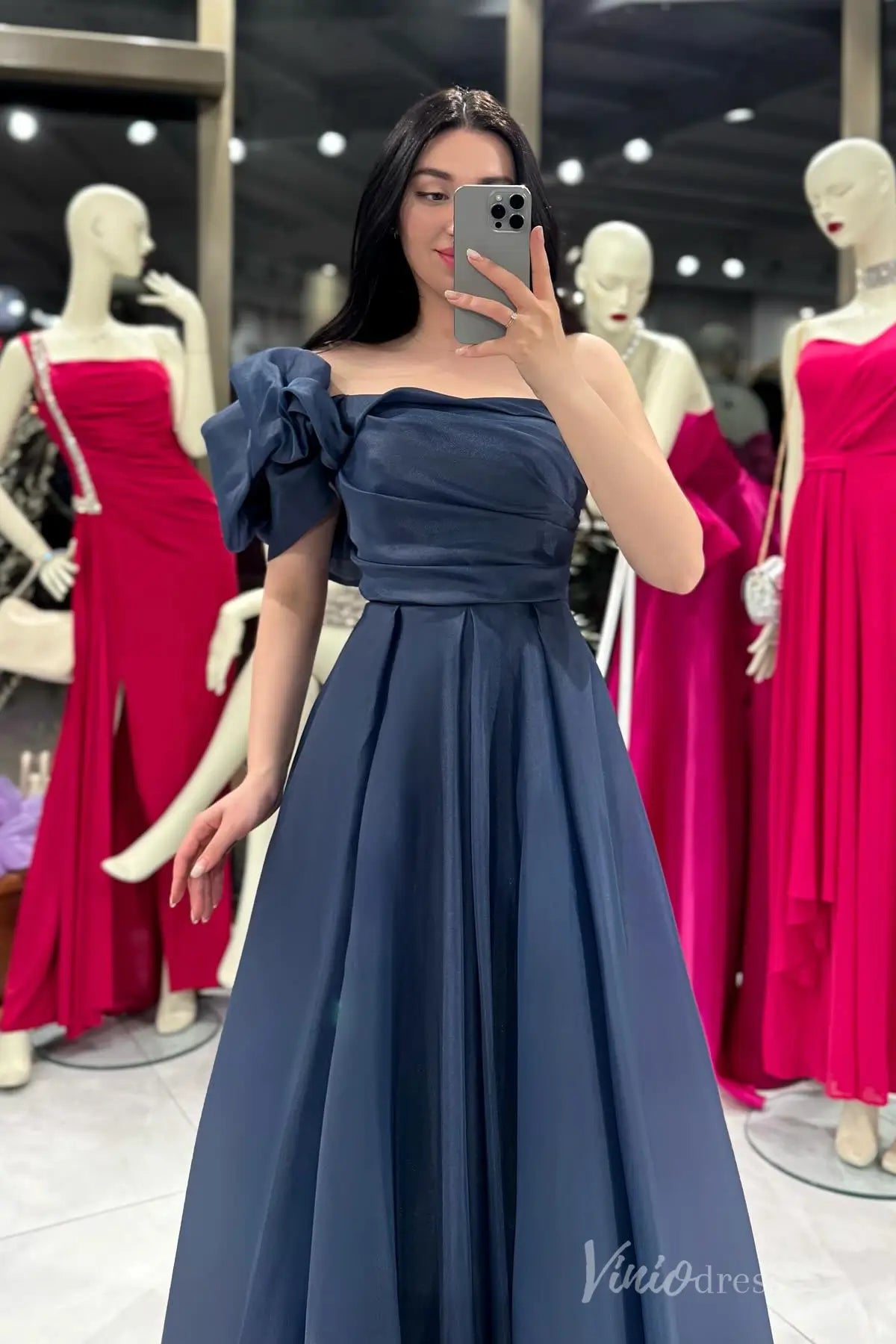 One-Shoulder Formal Dress with Puffy Sleeve, Ruched Bodice, and Flowing Organza Skirt – AS031-prom dresses 2025 -Viniodress-Fuchsia-Custom Size-