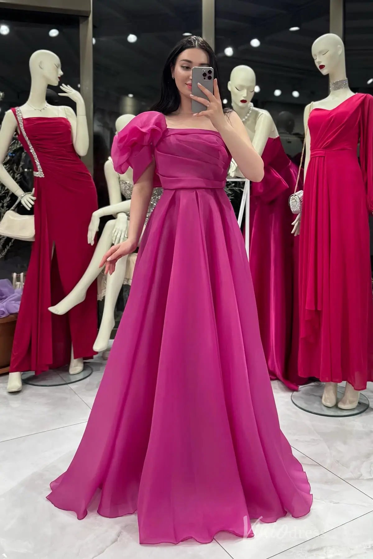 One-Shoulder Formal Dress with Puffy Sleeve, Ruched Bodice, and Flowing Organza Skirt – AS031-prom dresses 2025 -Viniodress-Fuchsia-Custom Size-