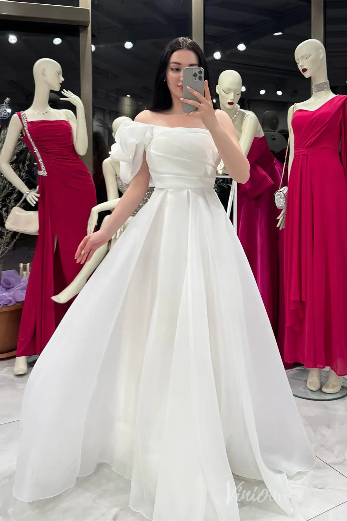 One-Shoulder Formal Dress with Puffy Sleeve, Ruched Bodice, and Flowing Organza Skirt – AS031-prom dresses 2025 -Viniodress-Ivory-Custom Size-