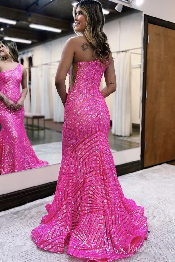 One Shoulder Geometric Sequin Prom Dress Mermaid Evening Gown with Asymmetrical Neckline SQ003-prom dresses 2026-Viniodress-Burgundy-Custom Size-