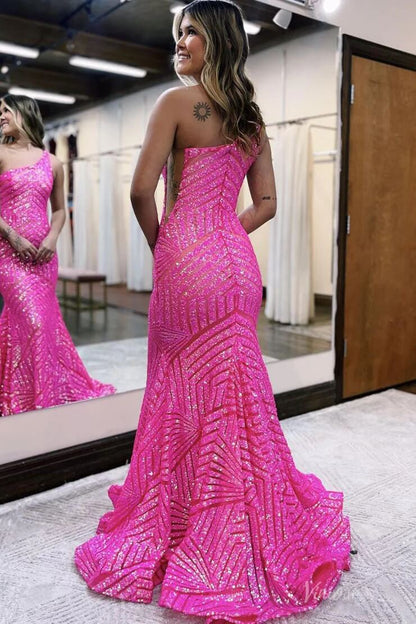 One Shoulder Geometric Sequin Prom Dress Mermaid Evening Gown with Asymmetrical Neckline SQ003-prom dresses 2026-Viniodress-Burgundy-Custom Size-