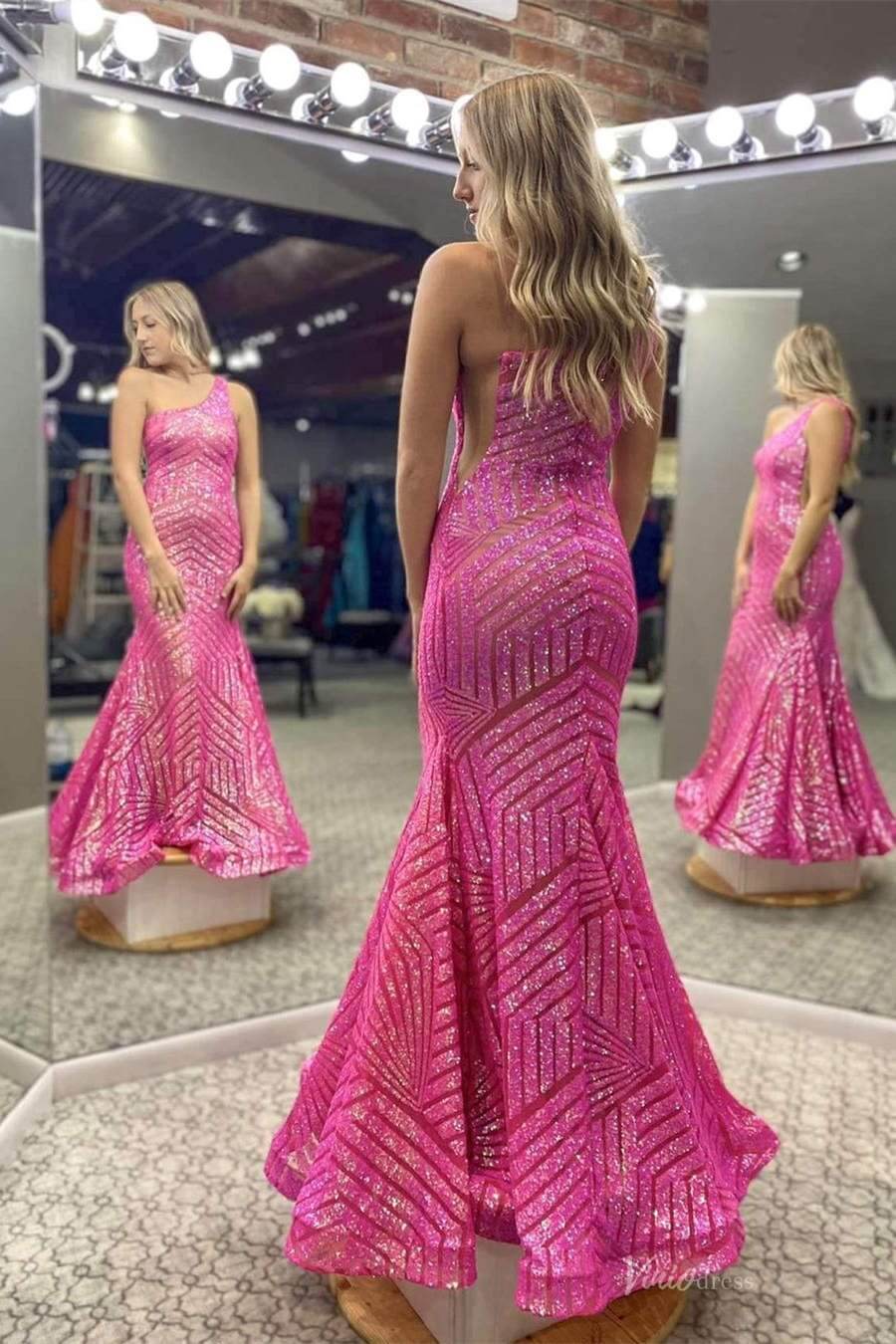 One Shoulder Geometric Sequin Prom Dress Mermaid Evening Gown with Asymmetrical Neckline SQ003-prom dresses 2026-Viniodress-Burgundy-Custom Size-