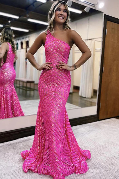 One Shoulder Geometric Sequin Prom Dress Mermaid Evening Gown with Asymmetrical Neckline SQ003-prom dresses 2026-Viniodress-Burgundy-Custom Size-