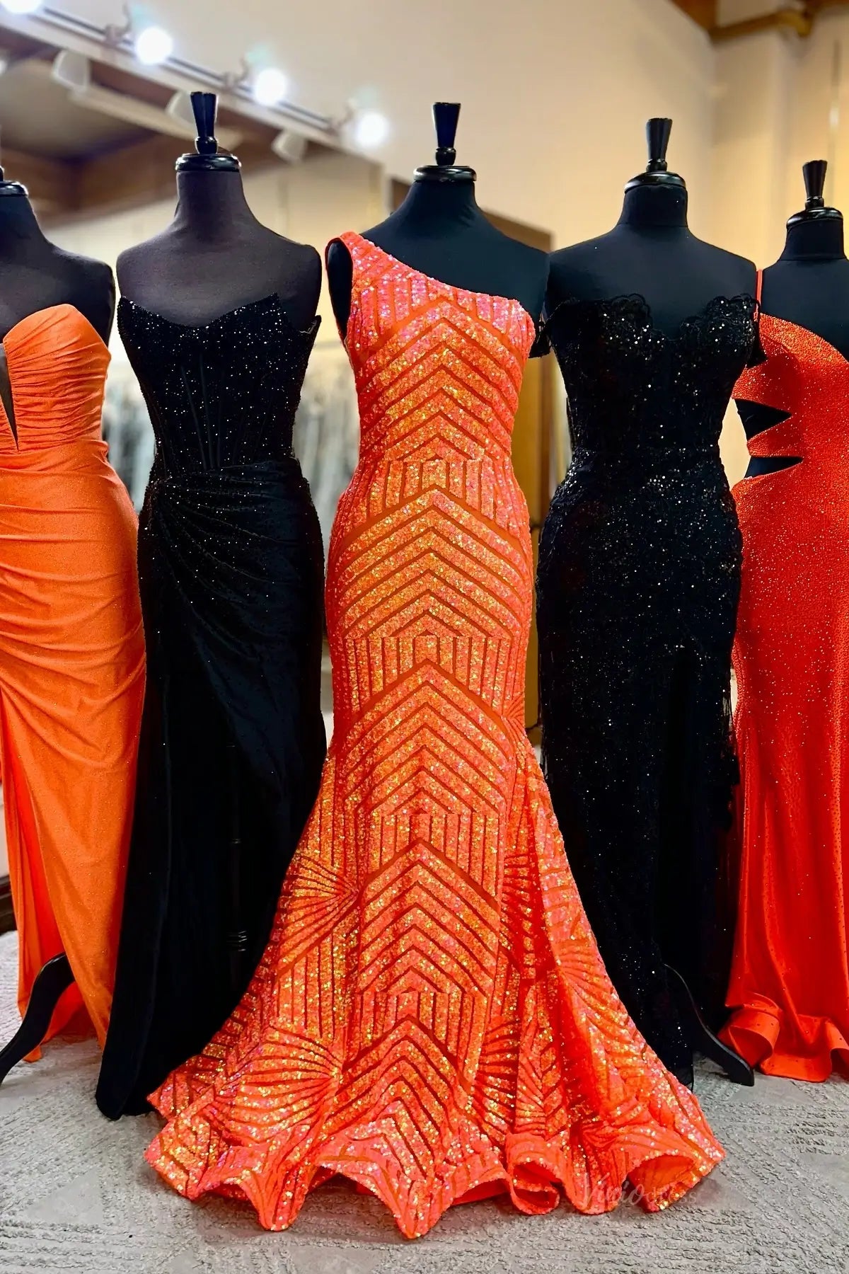 One Shoulder Geometric Sequin Prom Dress Mermaid Evening Gown with Asymmetrical Neckline SQ003-prom dresses 2026-Viniodress-Orange-Custom Size – Add Measurements in Cart-