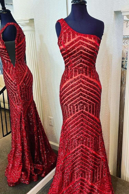 One Shoulder Geometric Sequin Prom Dress Mermaid Evening Gown with Asymmetrical Neckline SQ003-prom dresses 2026-Viniodress-Burgundy-Custom Size-