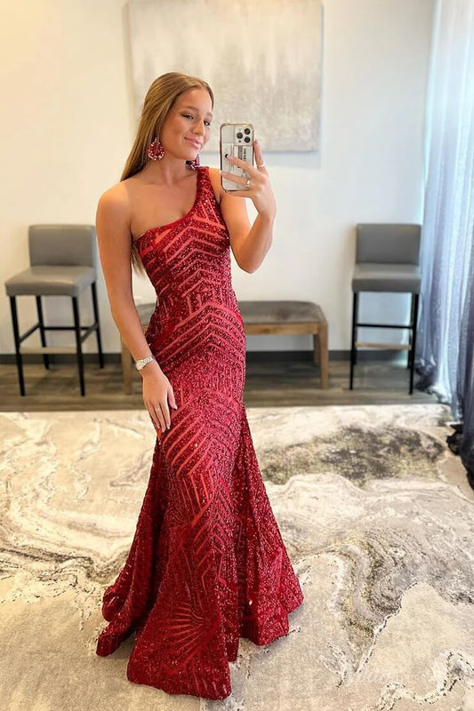One Shoulder Geometric Sequin Prom Dress Mermaid Evening Gown with Asymmetrical Neckline SQ003-prom dresses 2026-Viniodress-Burgundy-Custom Size-