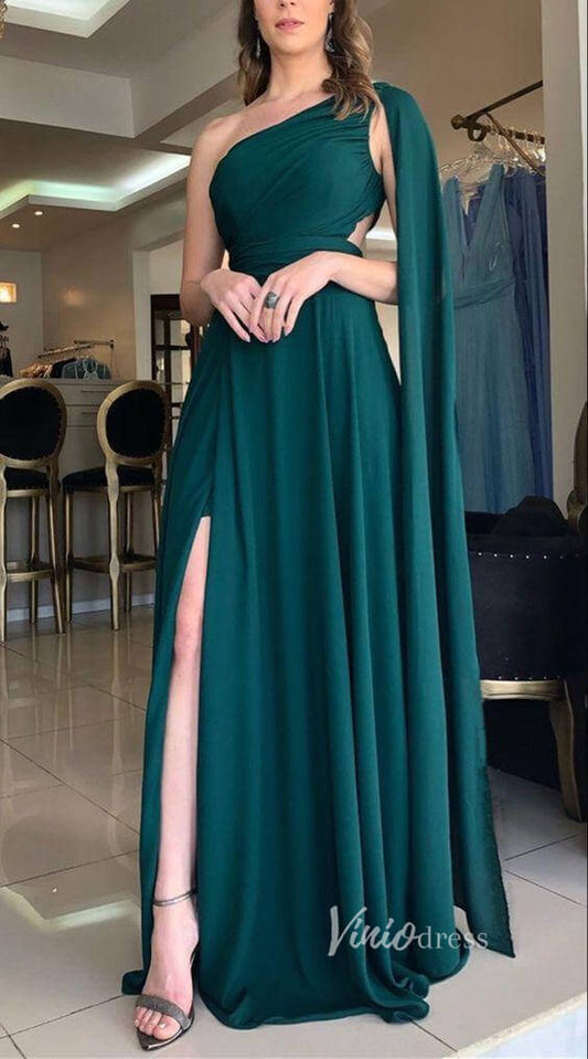 One Shoulder Green Prom Dress Watteau Train Chiffon Formal Evening Dress FD2703-prom dresses 2025 -Viniodress-Green-Custom Size-