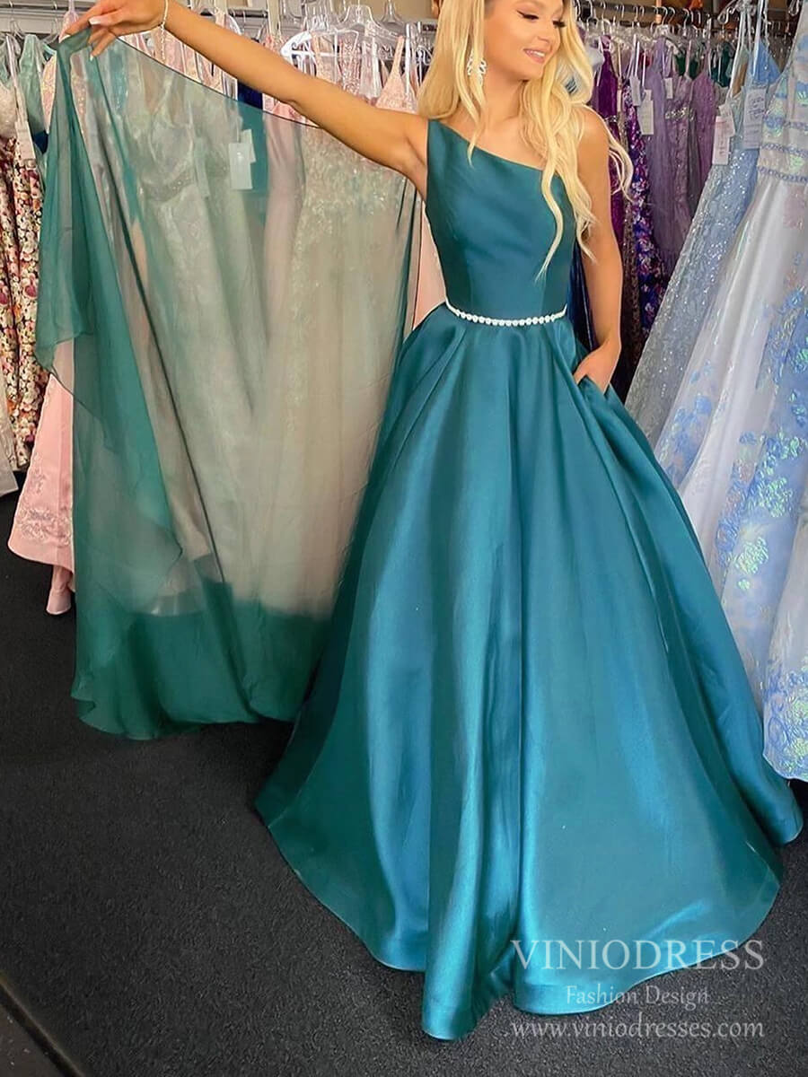 Prom Dress 2025 One Shoulder Green Satin Prom Dresses with Chiffon Watteau Train FD2536-unique prom dresses-Teal-Custom Size-Viniodress