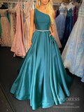 Prom Dress 2025 One Shoulder Green Satin Prom Dresses with Chiffon Watteau Train FD2536-unique prom dresses-Teal-Custom Size-Viniodress