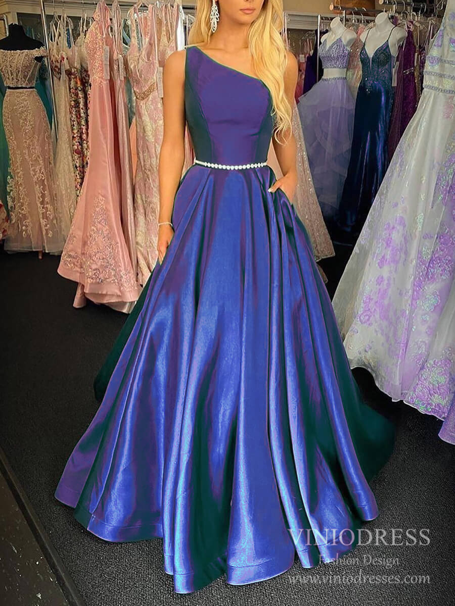 Prom Dress 2025 One Shoulder Green Satin Prom Dresses with Chiffon Watteau Train FD2536-unique prom dresses-Blue-Custom Size-Viniodress