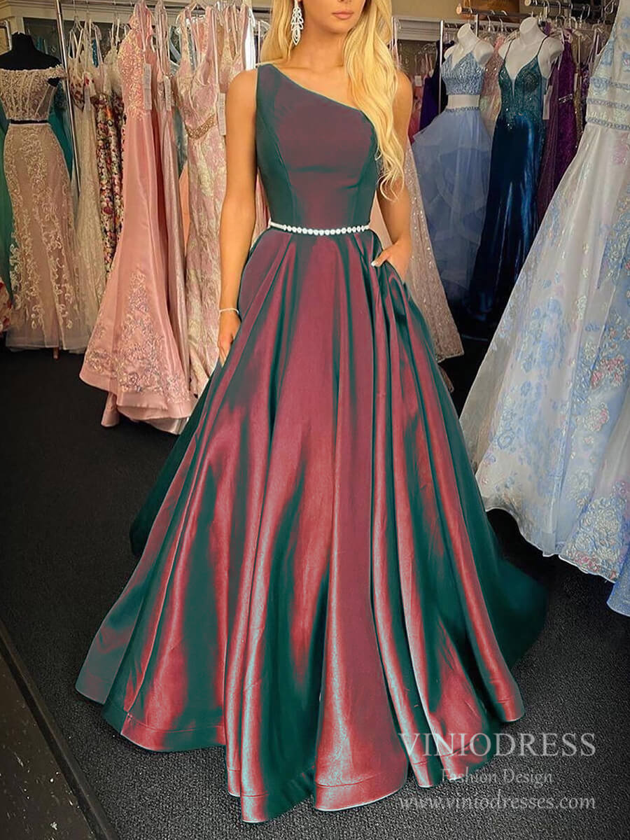 Prom Dress 2025 One Shoulder Green Satin Prom Dresses with Chiffon Watteau Train FD2536-unique prom dresses-Burgundy-Custom Size-Viniodress