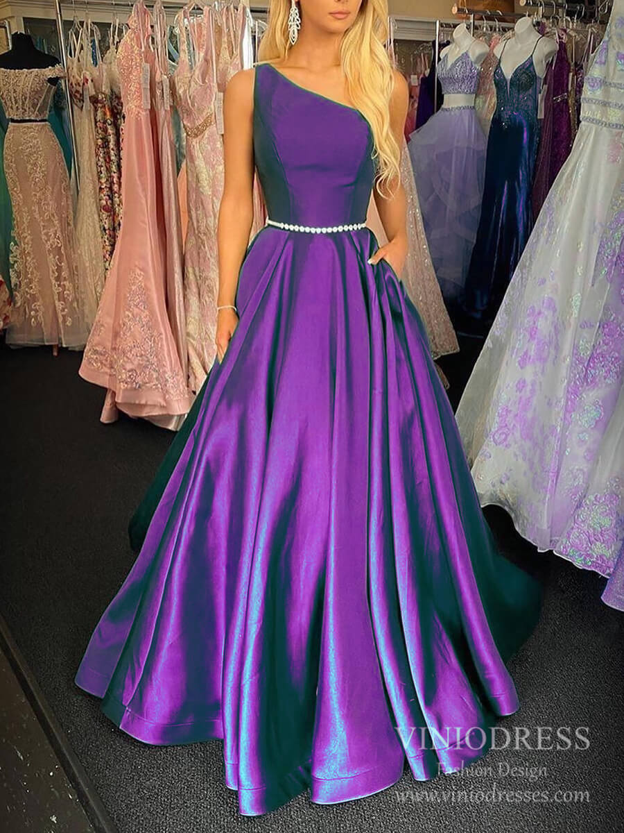 Prom Dress 2025 One Shoulder Green Satin Prom Dresses with Chiffon Watteau Train FD2536-unique prom dresses-Purple-Custom Size-Viniodress