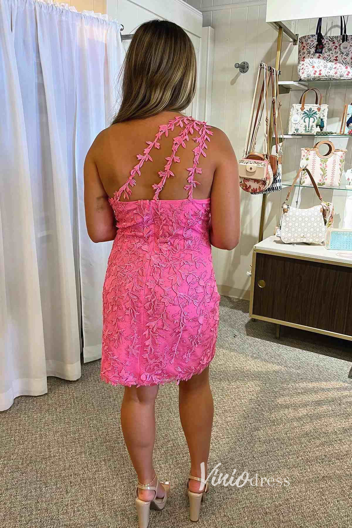 One Shoulder Lace Bodycon Homecoming Dresses Mini Cocktail Dress SD1240D-Homecoming Dresses 2025 -Viniodress-Hot Pink-Custom Size-