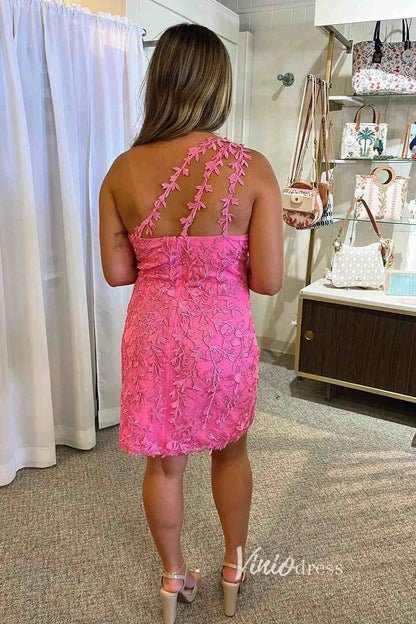One Shoulder Lace Bodycon Homecoming Dresses Mini Cocktail Dress SD1240D-Homecoming Dresses 2025 -Viniodress-Hot Pink-Custom Size-