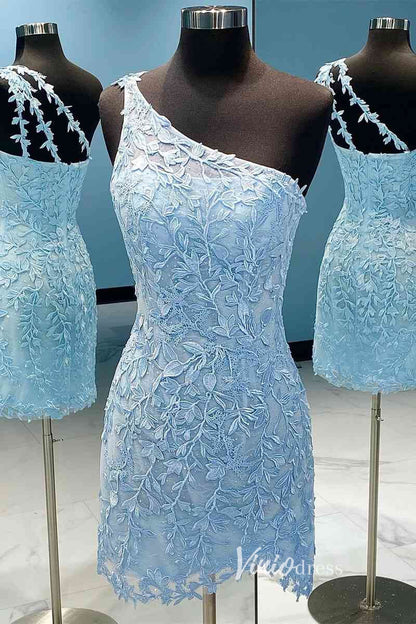 One Shoulder Lace Bodycon Homecoming Dresses Mini Cocktail Dress SD1240D-Homecoming Dresses 2025 -Viniodress-Light Blue-Custom Size-