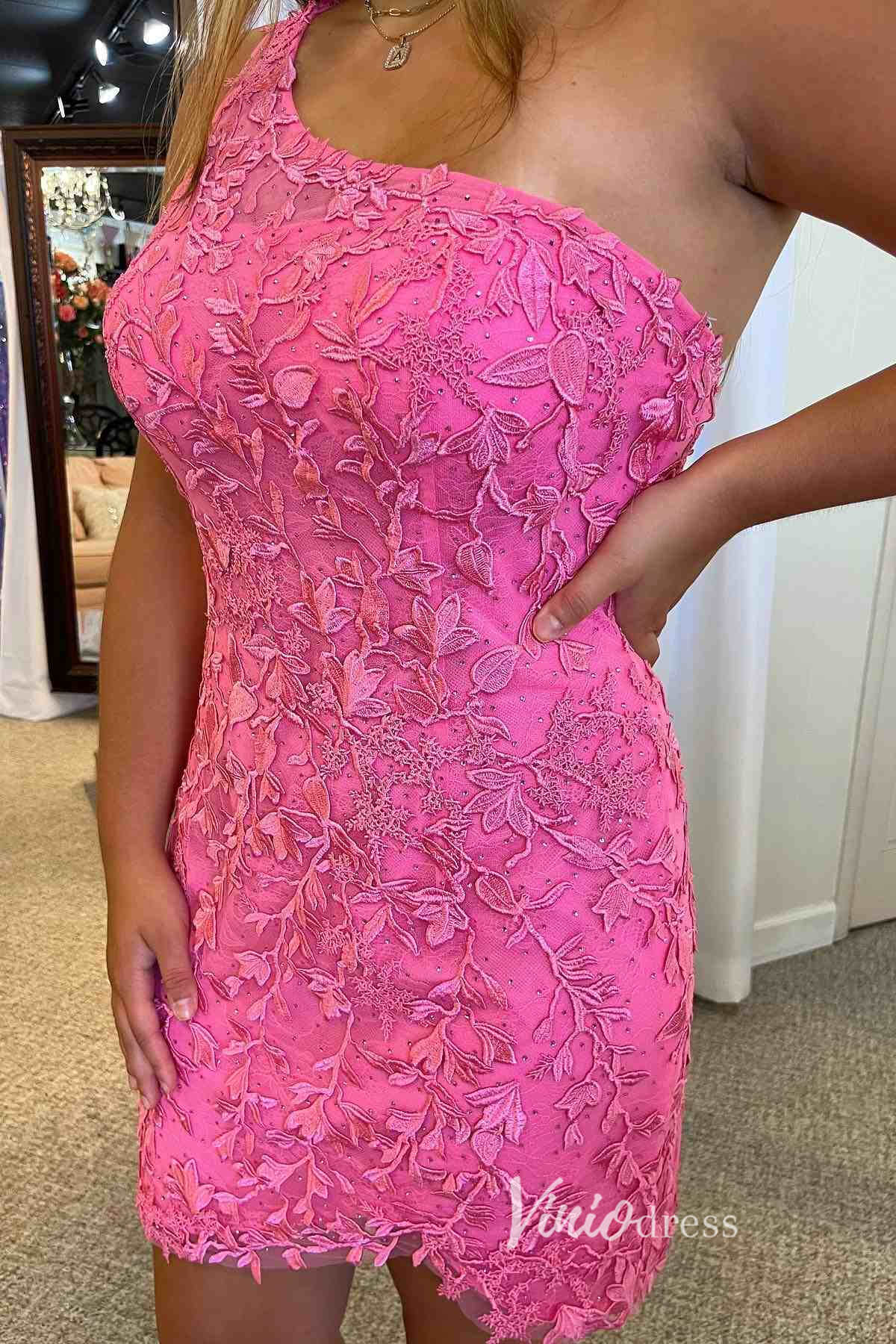 Short Prom Dresses 2025 One Shoulder Lace Bodycon Homecoming Dresses Mini Cocktail Dress SD1240D-homecoming dresses-Viniodress-Hot Pink-Custom Size-Viniodress