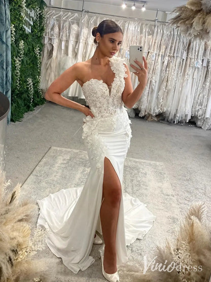 One-Shoulder Lace Wedding Dress with 3D Flowers, Sheer Corset Bodice and Slit – ML142-wedding dresses 2025 -Viniodress-Ivory-Custom Size-