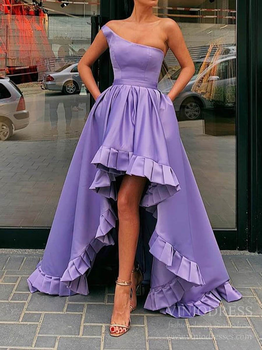 Prom Dress 2025 One Shoulder Lavender High Low Satin Prom Dresses with Pockets FD1543-unique prom dresses-Lavender-Custom Size-Viniodress