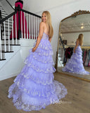 One Shoulder Lavender Lace Prom Dresses Ruffle Skirt with Slit FD3637C-prom dresses-Viniodress-Viniodress