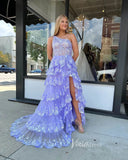 One Shoulder Lavender Lace Prom Dresses Ruffle Skirt with Slit FD3637C-prom dresses-Viniodress-Viniodress