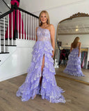 One Shoulder Lavender Lace Prom Dresses Ruffle Skirt with Slit FD3637C-prom dresses-Viniodress-Viniodress