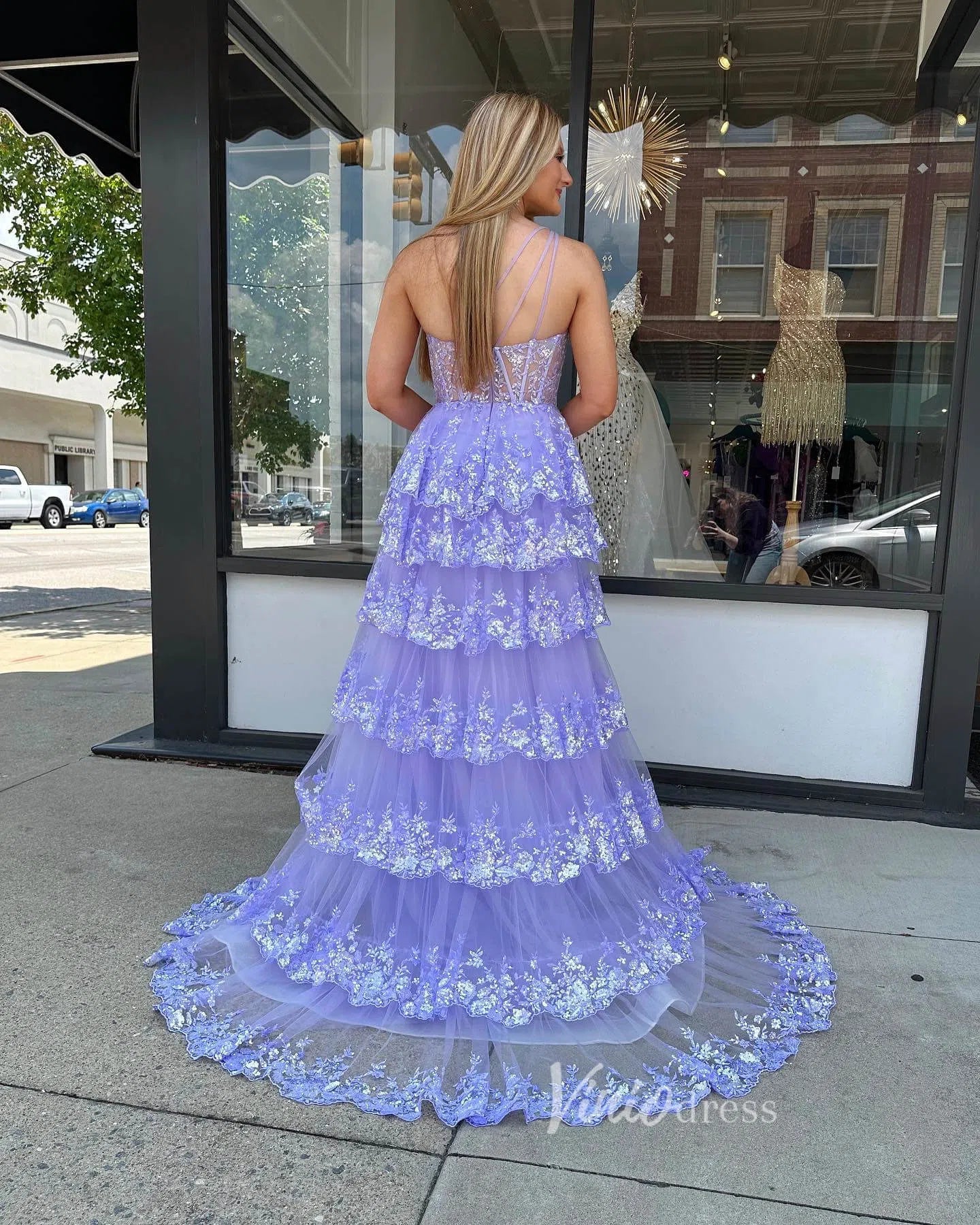 One Shoulder Lavender Lace Prom Dresses Ruffle Skirt with Slit FD3637C-prom dresses-Viniodress-Viniodress