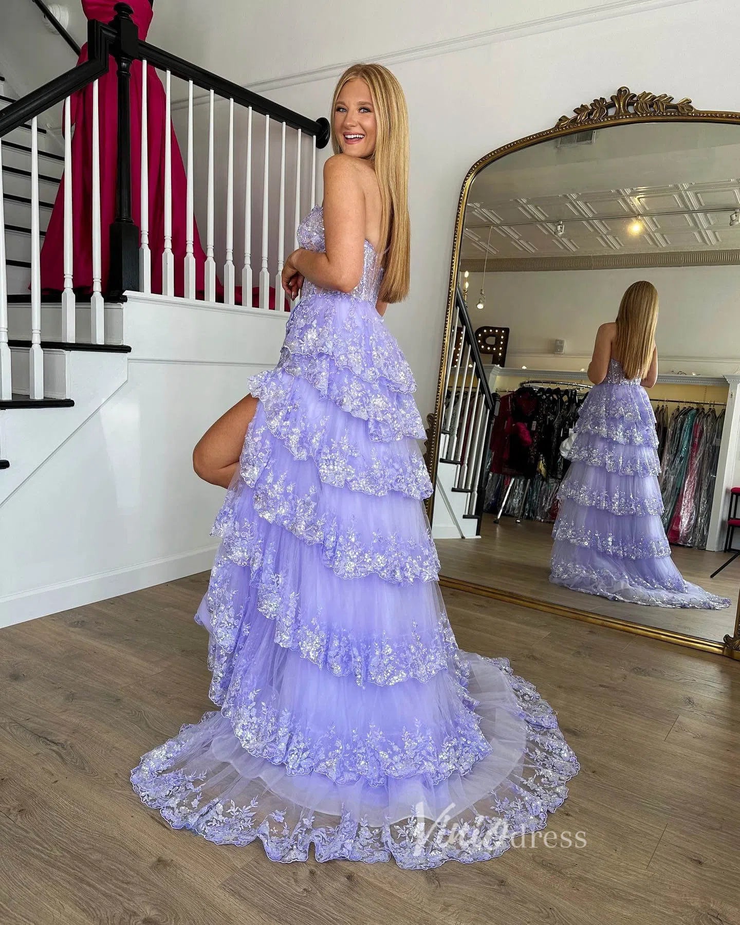 One Shoulder Lavender Lace Prom Dresses Ruffle Skirt with Slit FD3637C-prom dresses-Viniodress-Viniodress