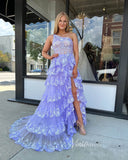 One Shoulder Lavender Lace Prom Dresses Ruffle Skirt with Slit FD3637C