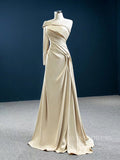 Prom Dress 2025 One Shoulder Long Sleeve Champagne Satin Prom Dresses FD2431-unique prom dresses-As Picture-Custom Size-Viniodress