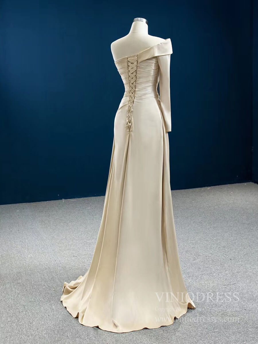 Prom Dress 2025 One Shoulder Long Sleeve Champagne Satin Prom Dresses FD2431-unique prom dresses-As Picture-Custom Size-Viniodress