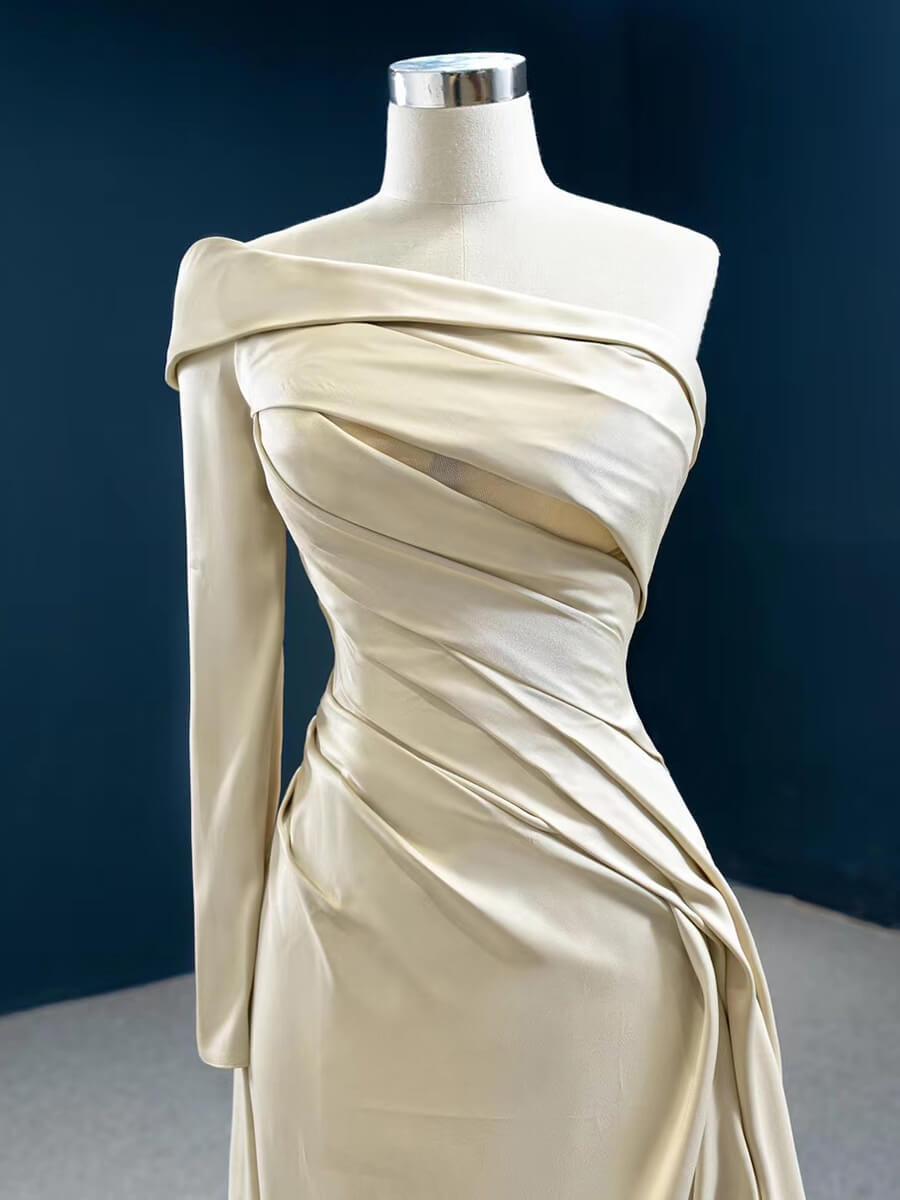 Prom Dress 2025 One Shoulder Long Sleeve Champagne Satin Prom Dresses FD2431-unique prom dresses-As Picture-Custom Size-Viniodress