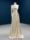 Prom Dress 2025 One Shoulder Long Sleeve Champagne Satin Prom Dresses FD2431-unique prom dresses-As Picture-Custom Size-Viniodress