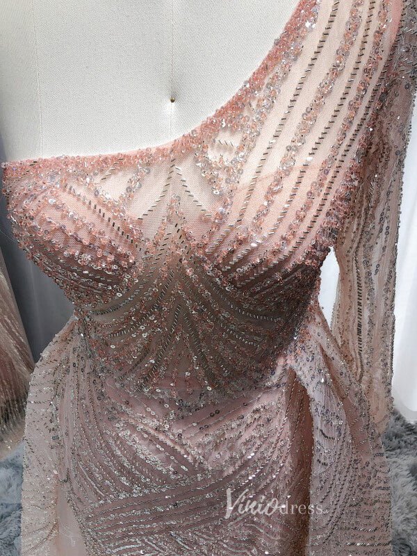 One Shoulder Long Sleeve Pink Beaded Lace Prom Dresses Overskirt Evening Dress 20088-Evening Dresses 2025 -Viniodress-Pink-US 2-