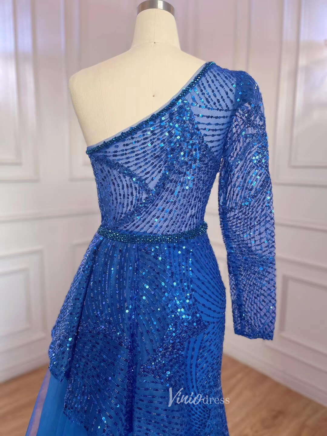 One Shoulder Long Sleeve Prom Dresses Beaded Sequin Evening Dress 20051-Evening Dresses 2025 -Viniodress-As Picture-US 2-