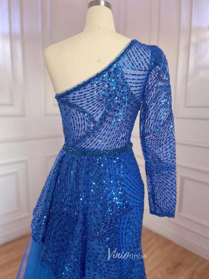 One Shoulder Long Sleeve Prom Dresses Beaded Sequin Evening Dress 20051-Evening Dresses 2025 -Viniodress-As Picture-US 2-