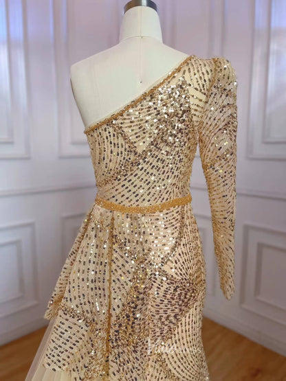 One Shoulder Long Sleeve Prom Dresses Beaded Sequin Evening Dress 20051-Evening Dresses 2025 -Viniodress-As Picture-US 2-