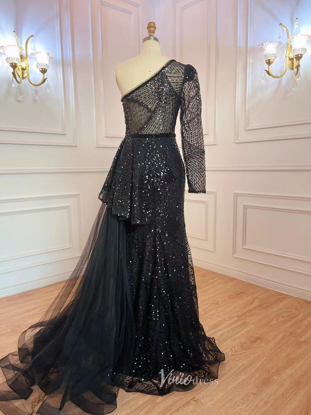 One Shoulder Long Sleeve Prom Dresses Beaded Sequin Evening Dress 20051-Evening Dresses 2025 -Viniodress-As Picture-US 2-