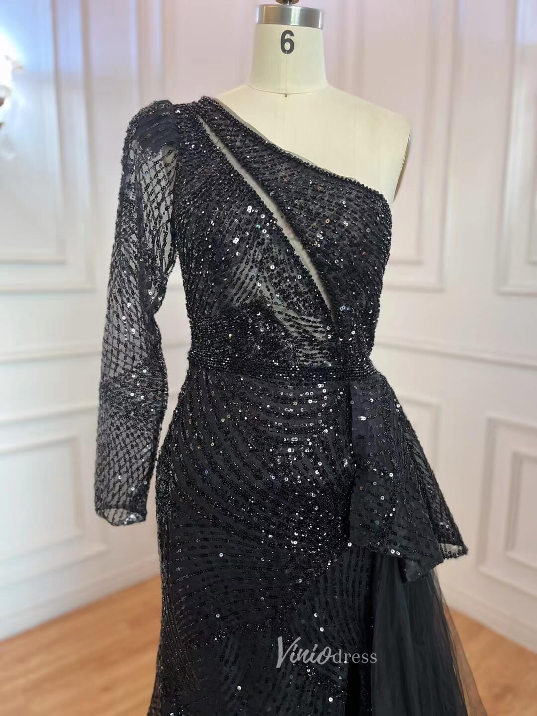 One Shoulder Long Sleeve Prom Dresses Beaded Sequin Evening Dress 20051-Evening Dresses 2025 -Viniodress-As Picture-US 2-