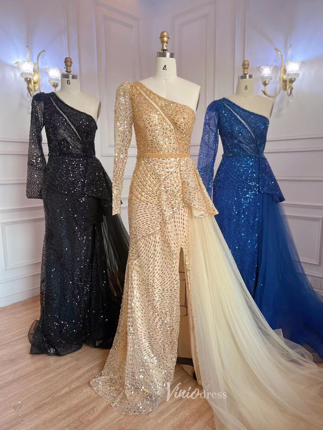 One Shoulder Long Sleeve Prom Dresses Beaded Sequin Evening Dress 20051-Evening Dresses 2025 -Viniodress-As Picture-US 2-