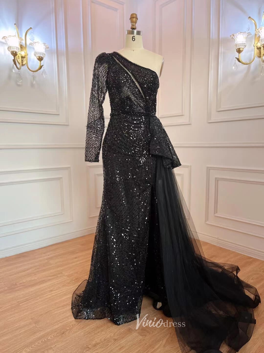 One Shoulder Long Sleeve Prom Dresses Beaded Sequin Evening Dress 20051-Evening Dresses 2025 -Viniodress-Black-US 2-
