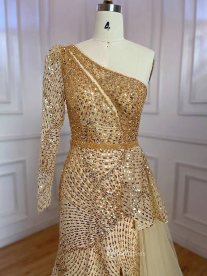 One Shoulder Long Sleeve Prom Dresses Beaded Sequin Evening Dress 20051-Evening Dresses 2025 -Viniodress-As Picture-US 2-