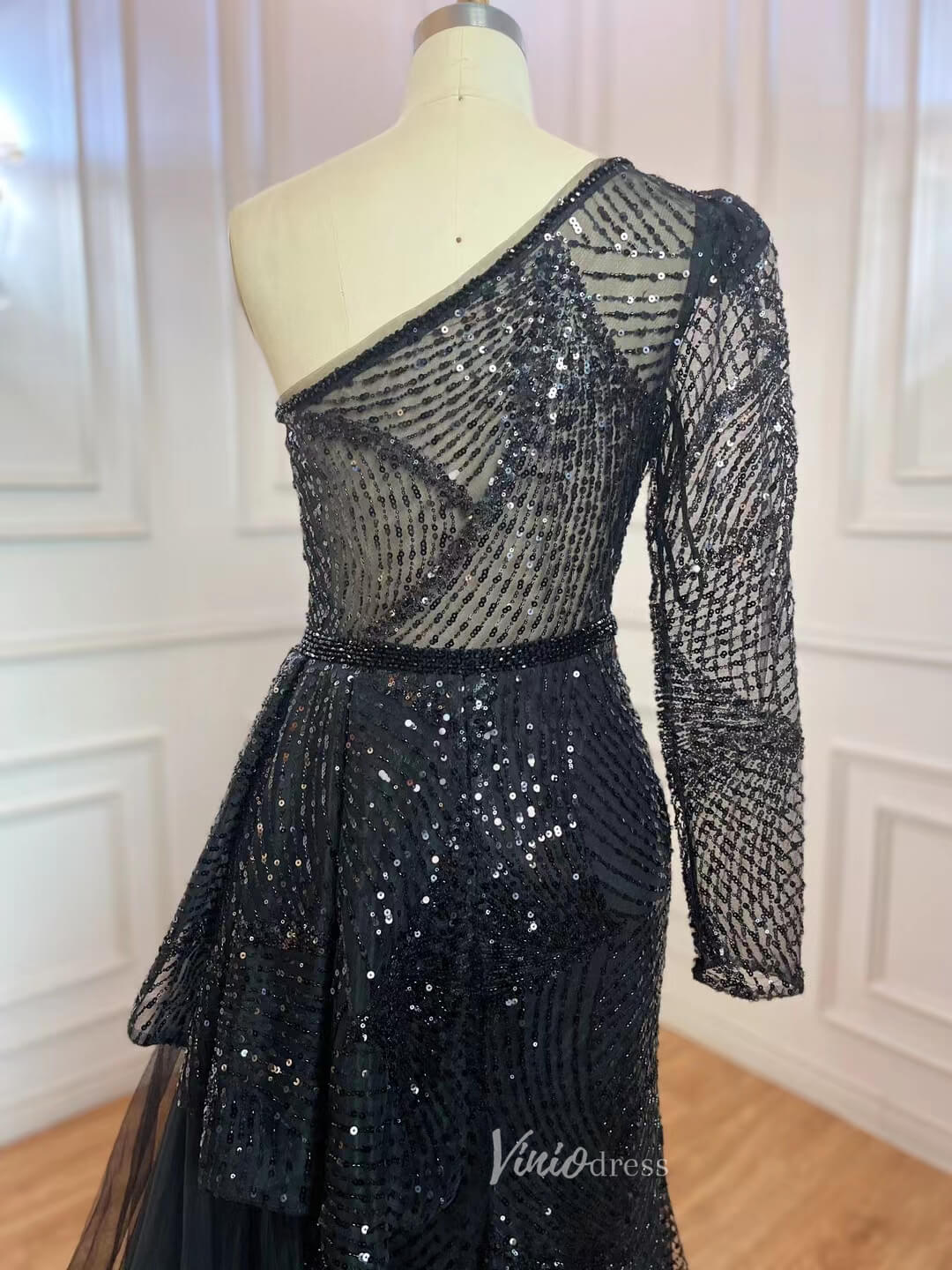 One Shoulder Long Sleeve Prom Dresses Beaded Sequin Evening Dress 20051-Evening Dresses 2025 -Viniodress-As Picture-US 2-