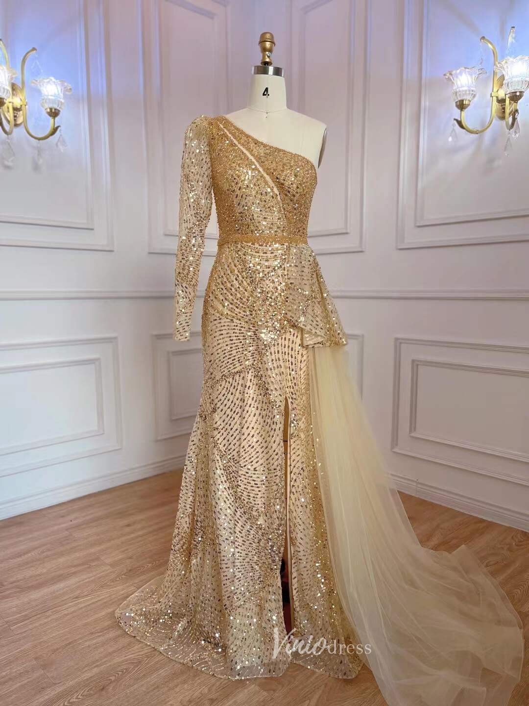 One Shoulder Long Sleeve Prom Dresses Beaded Sequin Evening Dress 20051-Evening Dresses 2025 -Viniodress-Champagne-US 2-