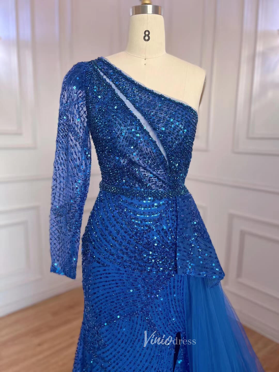 Prom Dress 2025 One Shoulder Long Sleeve Prom Dresses Beaded Sequin Evening Dress 20051-unique prom dresses-As Picture-US 2-Viniodress