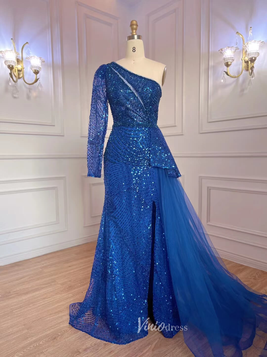 Prom Dress 2025 One Shoulder Long Sleeve Prom Dresses Beaded Sequin Evening Dress 20051-unique prom dresses-Blue-US 2-Viniodress