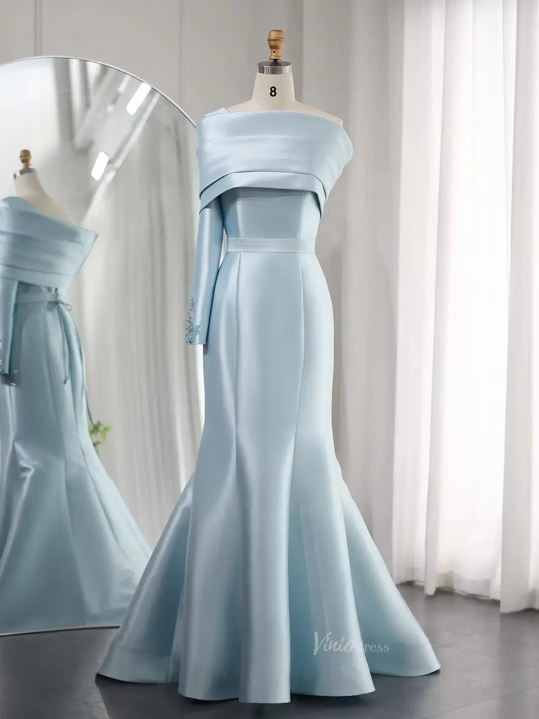 One Shoulder Long Sleeve Prom Dresses Elegant Mermaid Satin Wedding Dresses BD061-prom dresses 2025 -Viniodress-Light Blue-US 2-