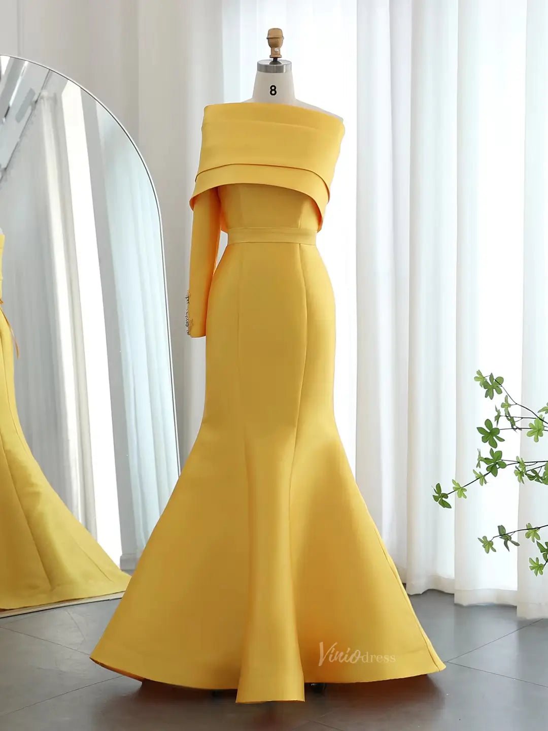 One Shoulder Long Sleeve Prom Dresses Elegant Mermaid Satin Wedding Dresses BD061-prom dresses 2025 -Viniodress-Yellow-US 2-